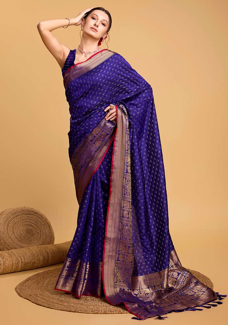 Blue Zari Work Silk Blend Saree Set for Diwali and Festive Wear - Indya