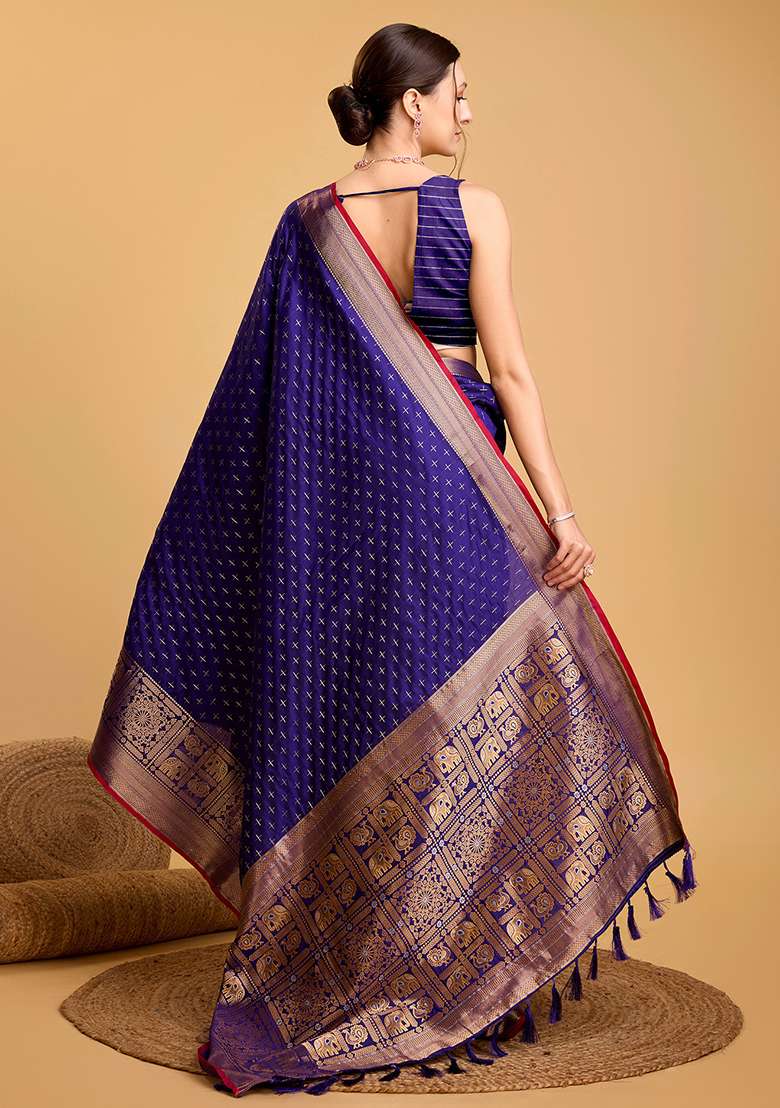 Blue Zari Work Silk Blend Saree Set for Diwali and Festive Wear - Indya