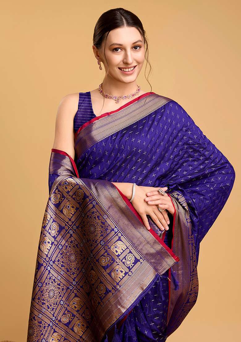 Blue Zari Work Silk Blend Saree Set for Diwali and Festive Wear - Indya