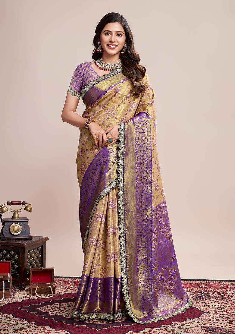 Beige Royal Purple Silk Blend Saree Set with Zari Work for Diwali | Wedding & Festive Wear - Indya