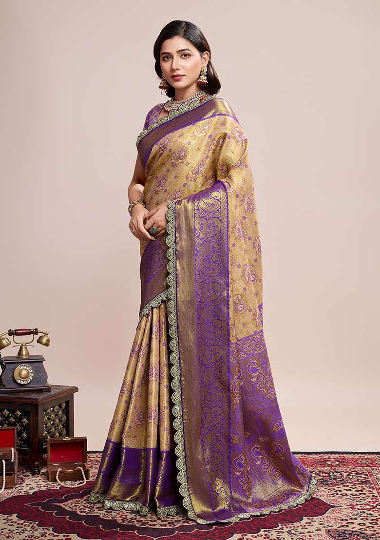Beige Royal Purple Silk Blend Saree Set with Zari Work for Diwali | Wedding & Festive Wear - Indya