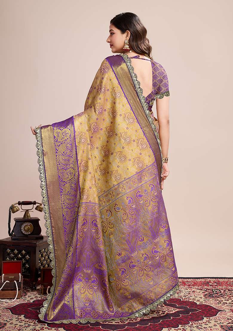 Beige Royal Purple Silk Blend Saree Set with Zari Work for Diwali | Wedding & Festive Wear - Indya