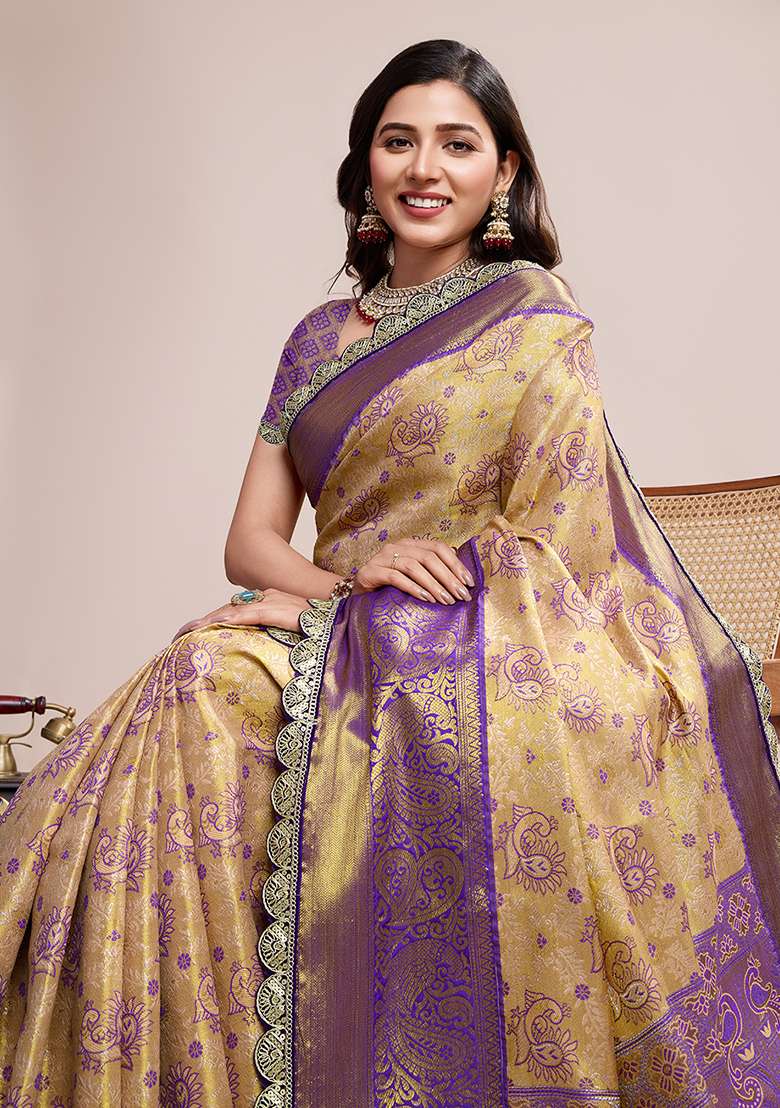 Beige Royal Purple Silk Blend Saree Set with Zari Work for Diwali | Wedding & Festive Wear - Indya