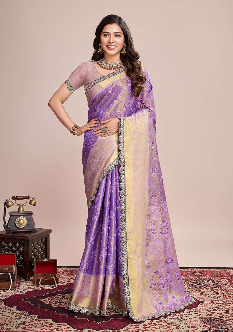 Lavender Silk Blend Saree Set with Zari Work for Diwali | Wedding & Festive Wear - Indya