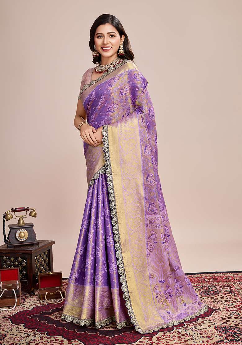 Lavender Silk Blend Saree Set with Zari Work for Diwali | Wedding & Festive Wear - Indya