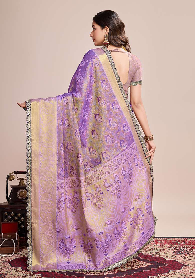 Lavender Silk Blend Saree Set with Zari Work for Diwali | Wedding & Festive Wear - Indya