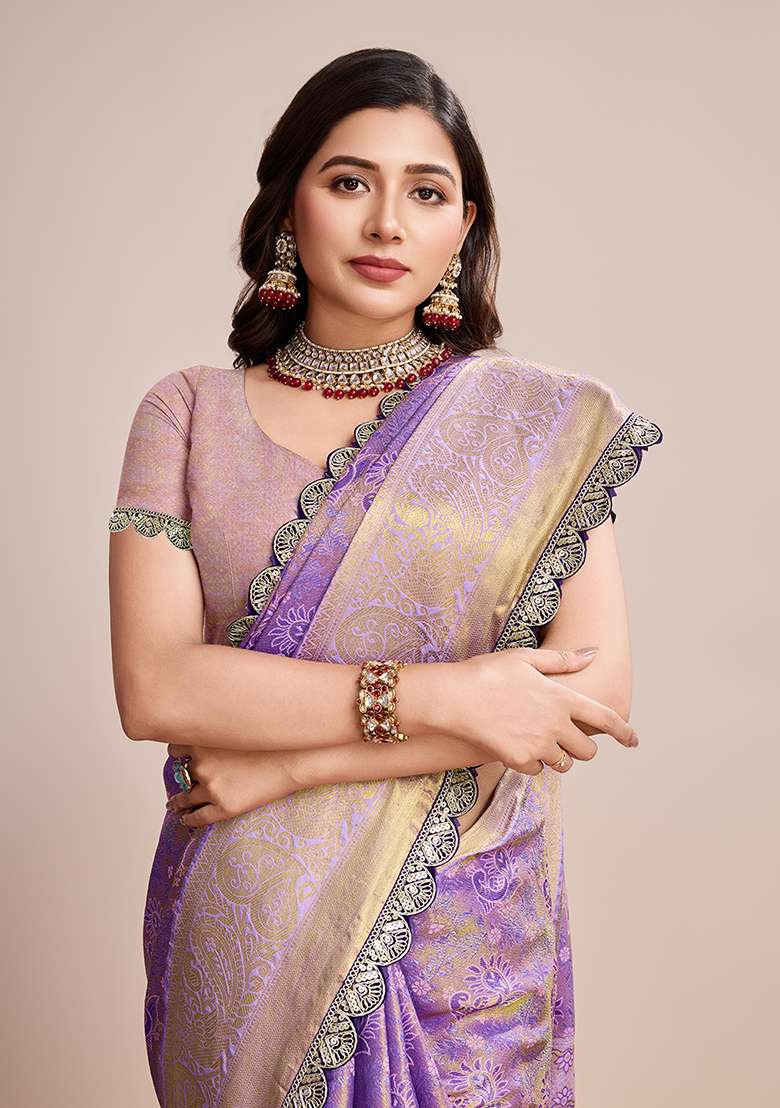 Lavender Silk Blend Saree Set with Zari Work for Diwali | Wedding & Festive Wear - Indya