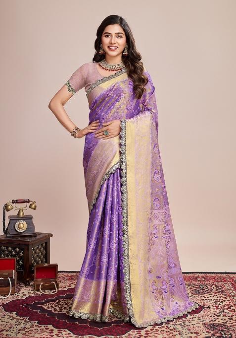 Lavender Zari Work Silk Saree Set