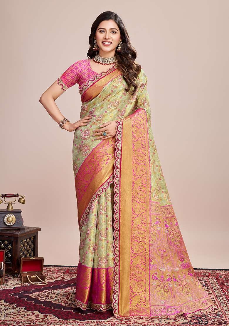 Pista Green Zari Work Silk Blend Saree Set for Diwali and Festive Wear - Indya