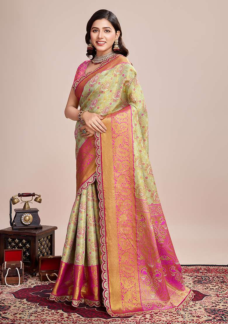 Pista Green Zari Work Silk Blend Saree Set for Diwali and Festive Wear - Indya
