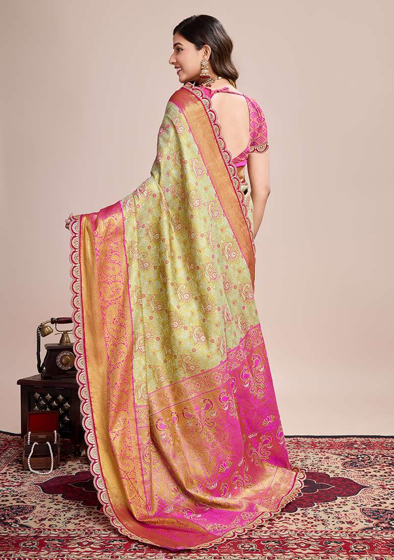 Pista Green Zari Work Silk Blend Saree Set for Diwali and Festive Wear - Indya