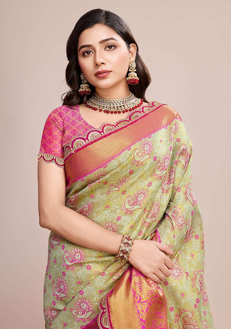 Pista Green Zari Work Silk Blend Saree Set for Diwali and Festive Wear - Indya