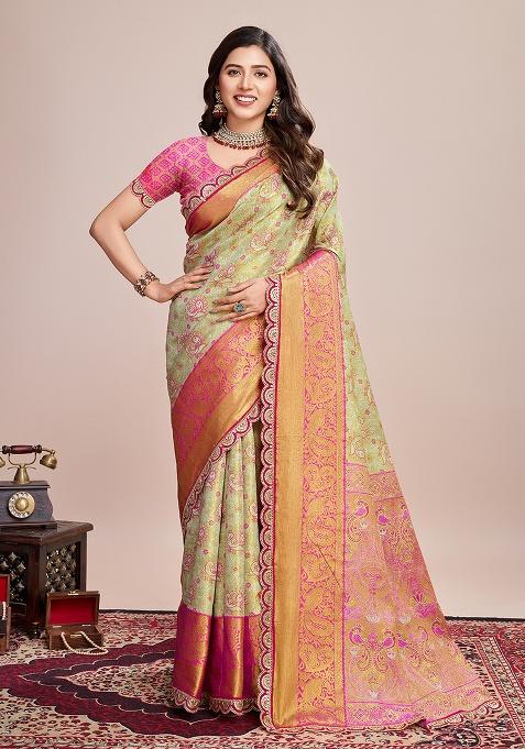 Pista Green Zari Work Silk Saree Set