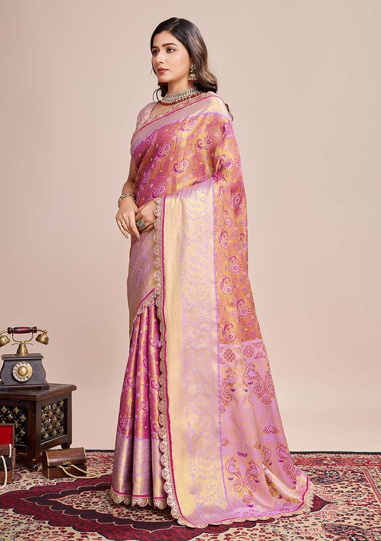Mauve Pink Zari Work Silk Blend Saree Set for Diwali and Festive Wear - Indya