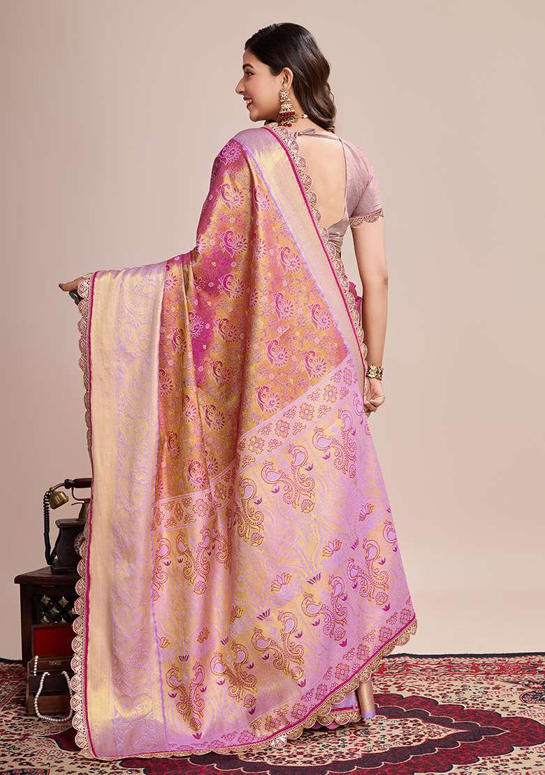 Mauve Pink Zari Work Silk Blend Saree Set for Diwali and Festive Wear - Indya