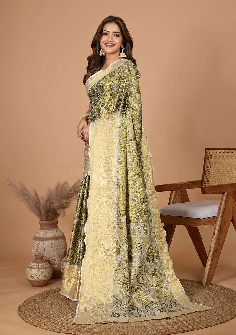 Olive Green Zari Work Silk Blend Saree Set - Indya