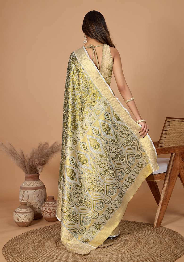 Olive Green Zari Work Silk Blend Saree Set - Indya
