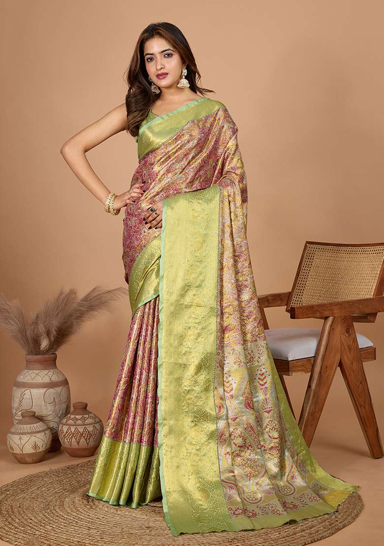 Pista Green Zari Work Silk Blend Saree Set - Indya