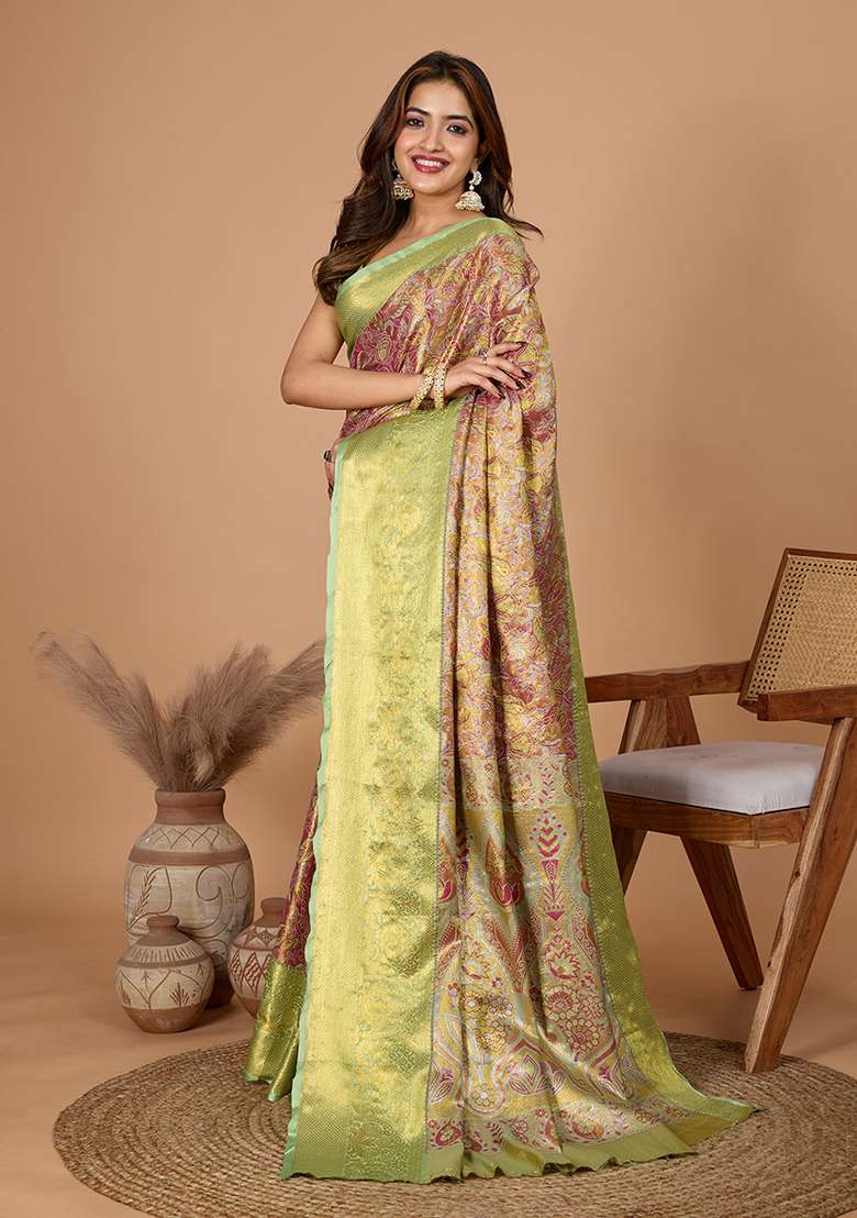 Pista Green Zari Work Silk Blend Saree Set - Indya