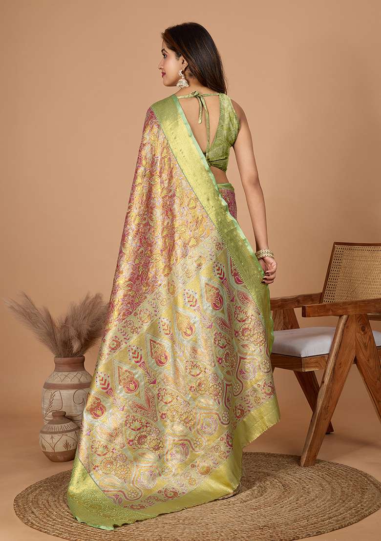 Pista Green Zari Work Silk Blend Saree Set - Indya