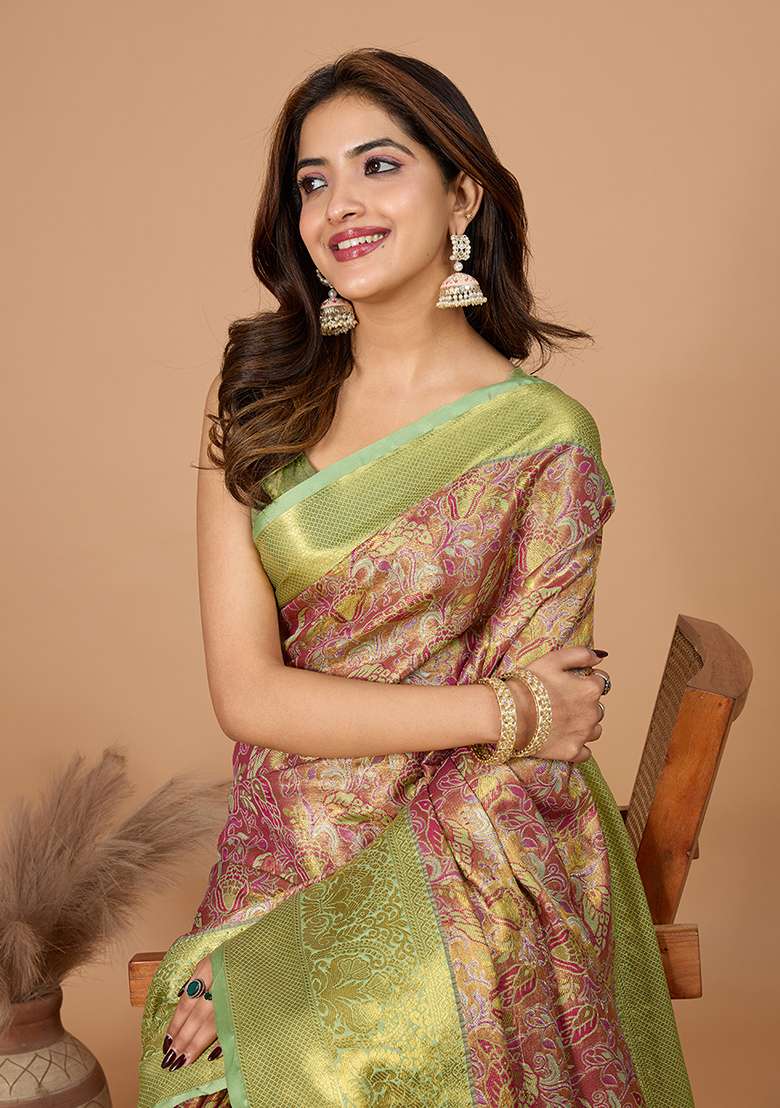 Pista Green Zari Work Silk Blend Saree Set - Indya