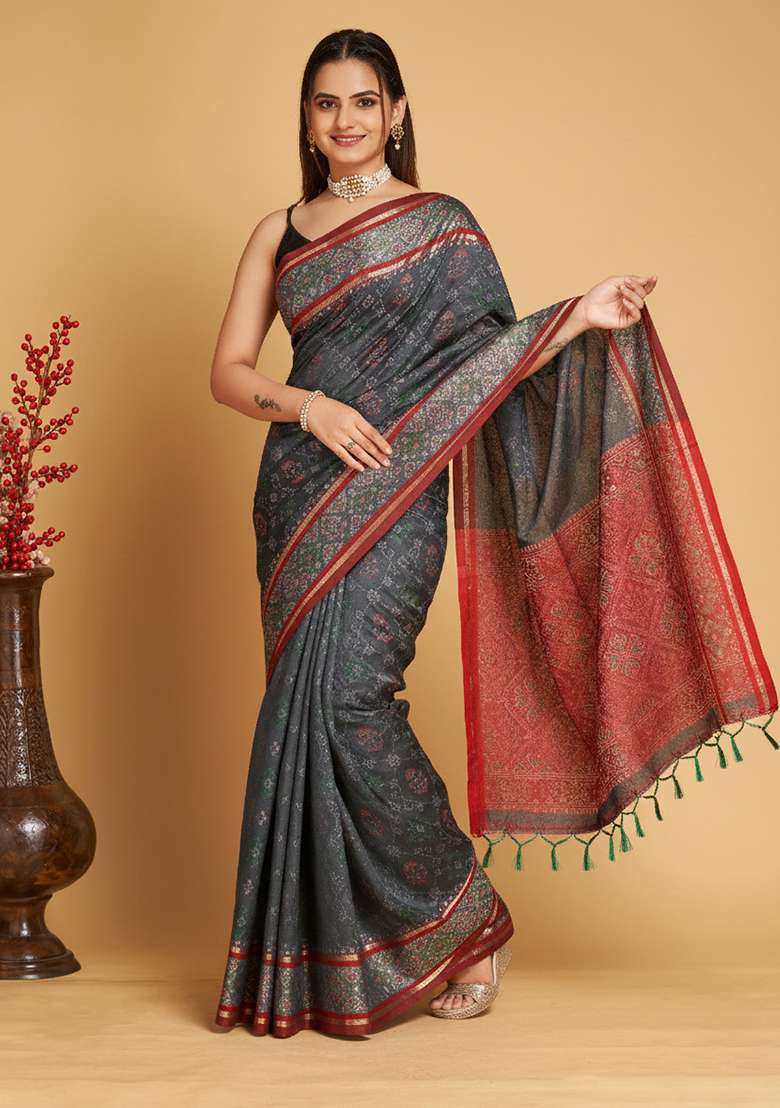 Dark Grey Patola Weaving Silk Blend Saree Set - Indya
