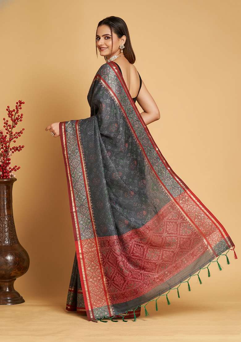 Dark Grey Patola Weaving Silk Blend Saree Set - Indya