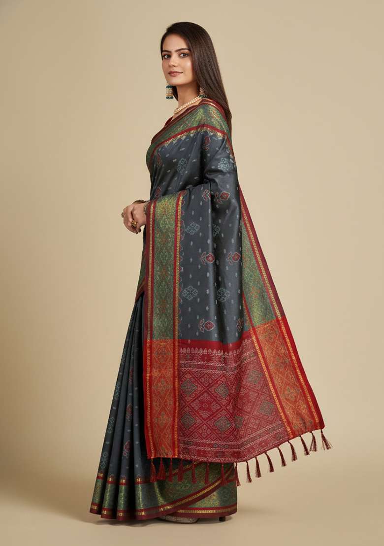 Dark Grey Zari Work Silk Blend Saree Set - Indya