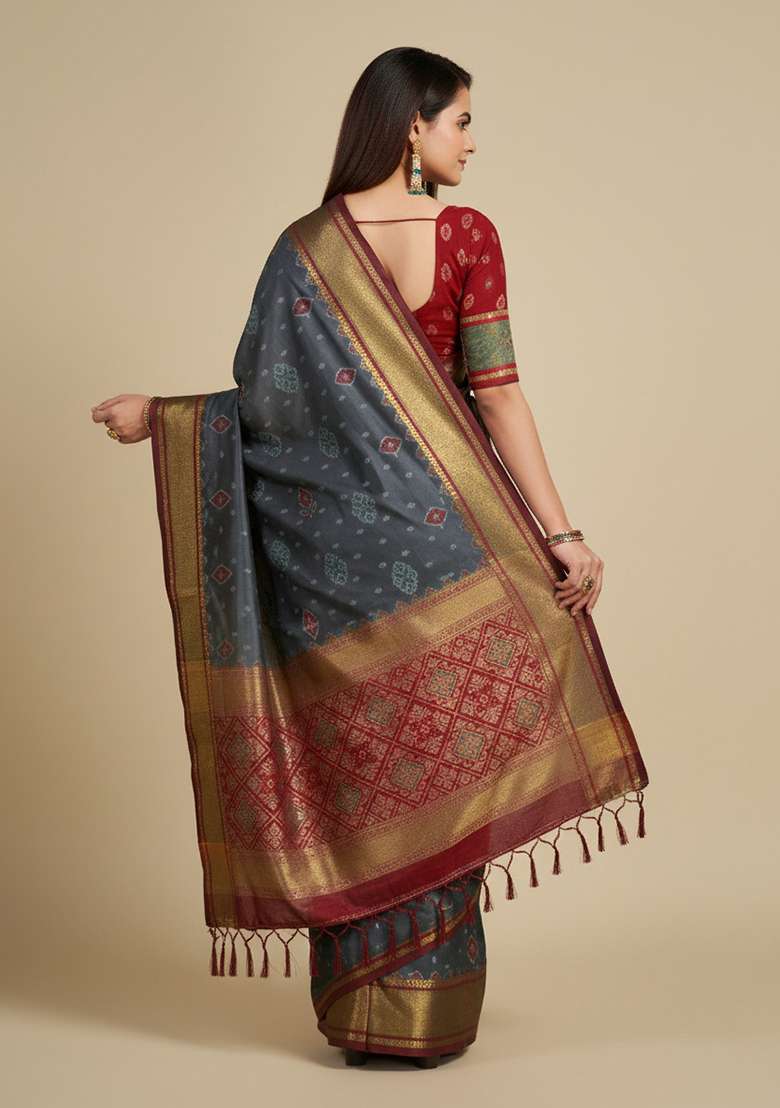Dark Grey Zari Work Silk Blend Saree Set - Indya
