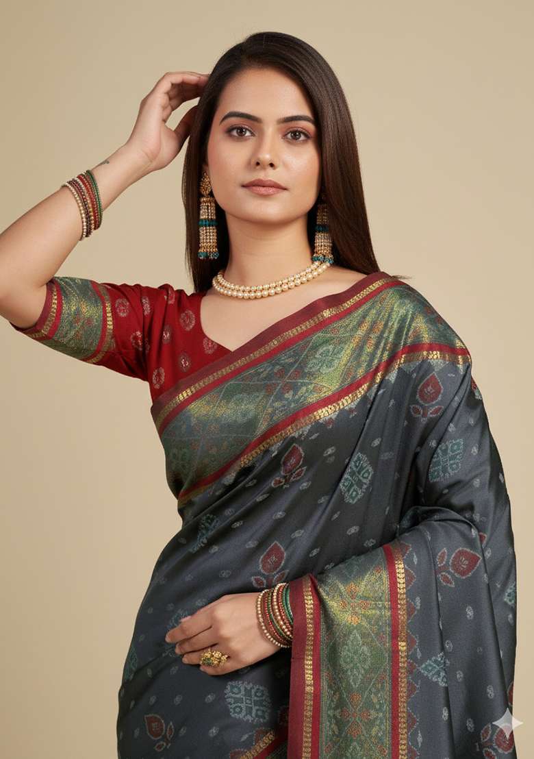 Dark Grey Zari Work Silk Blend Saree Set - Indya