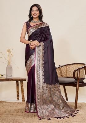 Deep Wine Zari Work Silk Saree Set