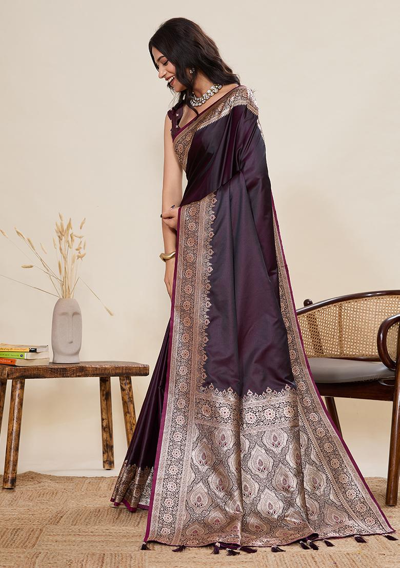 Deep Wine Zari Work Silk Saree Set - Indya