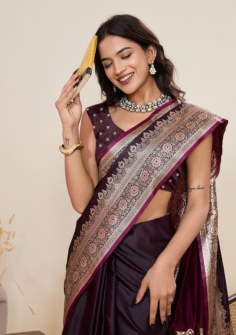 Deep Wine Zari Work Silk Saree Set - Indya