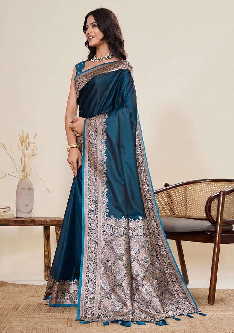 Teal Blue Zari Work Silk Saree Set - Indya