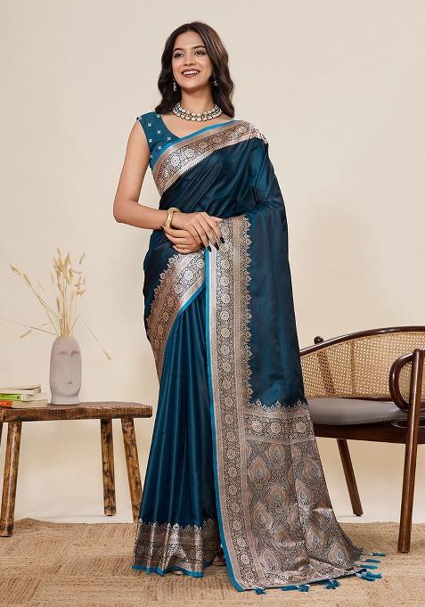 Teal Blue Zari Work Silk Saree Set