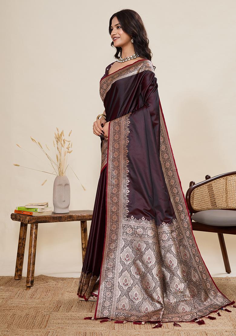 Burgundy Zari Work Silk Saree Set - Indya