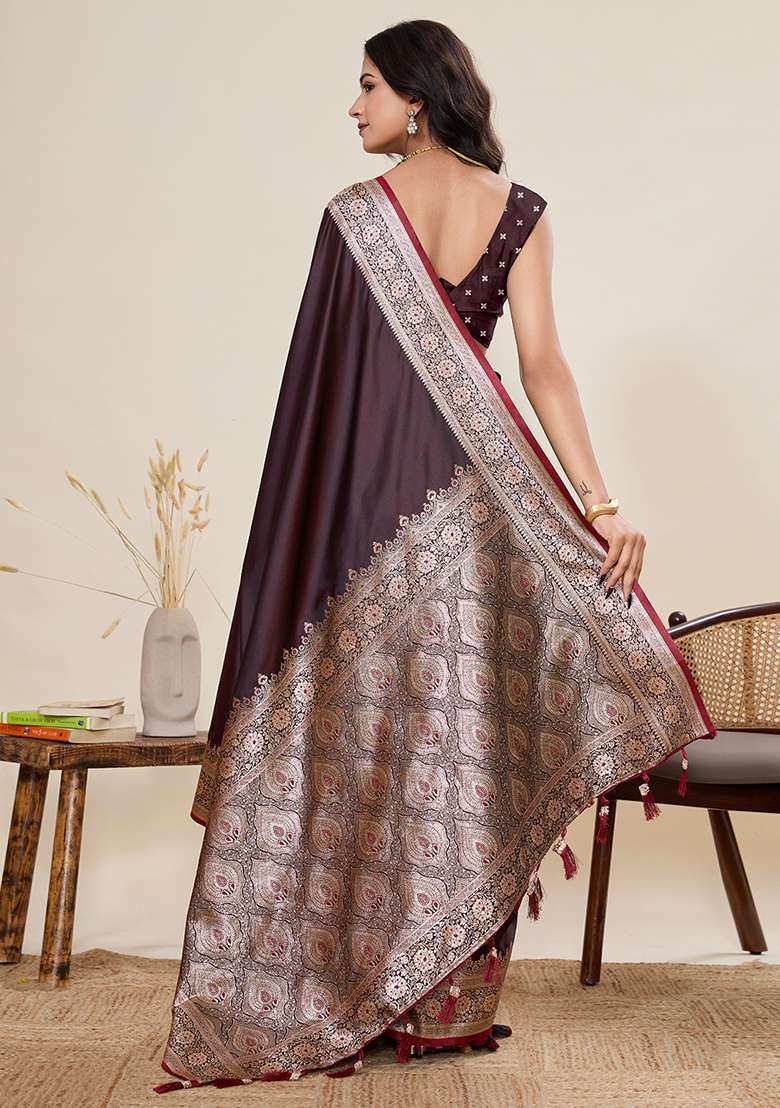 Burgundy Zari Work Silk Blend Saree Set for Diwali and Festive Wear - Indya