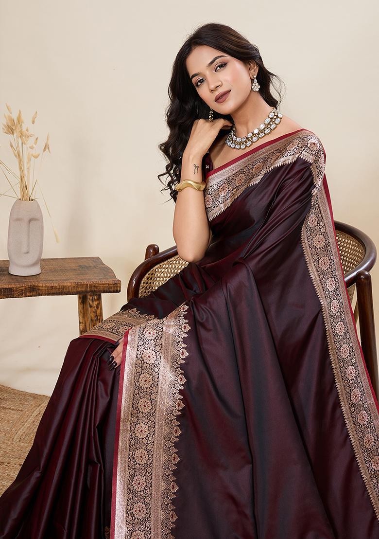 Burgundy Zari Work Silk Saree Set - Indya