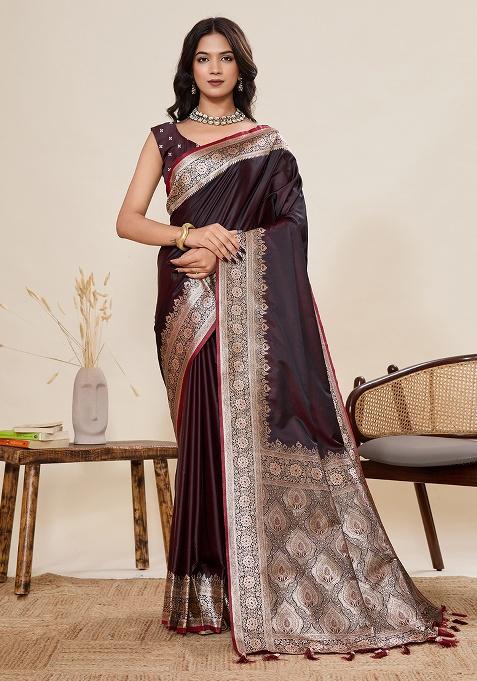 Burgundy Zari Work Silk Saree Set