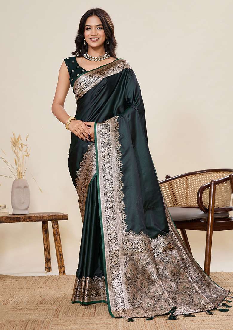 Deep Green Silk Blend Saree Set with Zari Work for Diwali | Wedding & Festive Wear - Indya