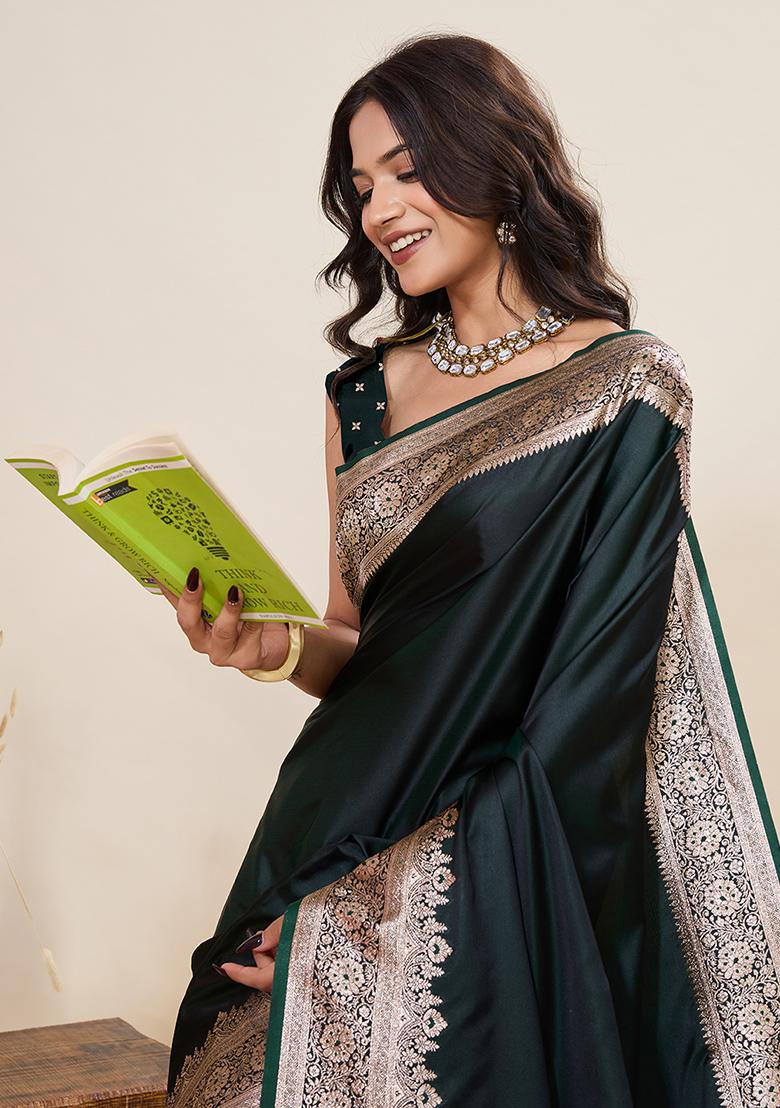 Deep Green Zari Work Silk Saree Set - Indya