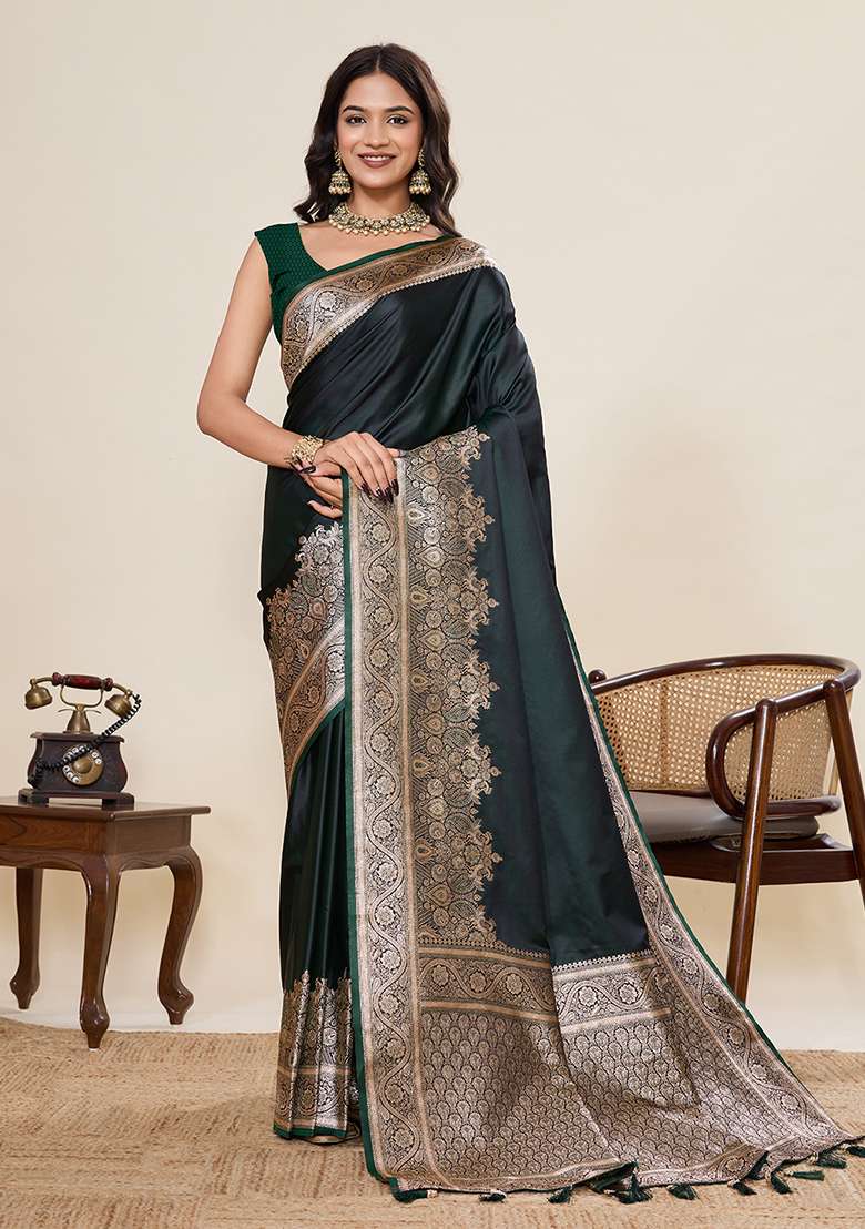 Dark Green Zari Work Silk Blend Saree Set for Diwali and Festive Wear - Indya