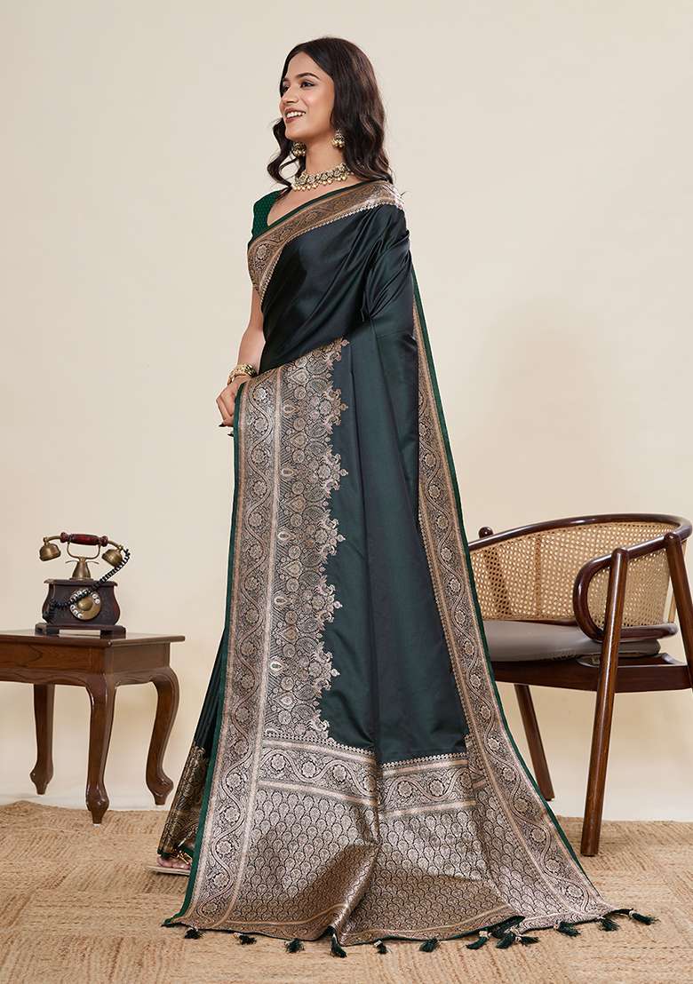 Dark Green Zari Work Silk Blend Saree Set for Diwali and Festive Wear - Indya
