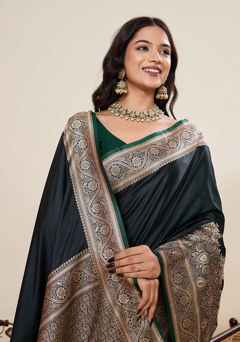 Dark Green Zari Work Silk Blend Saree Set for Diwali and Festive Wear - Indya
