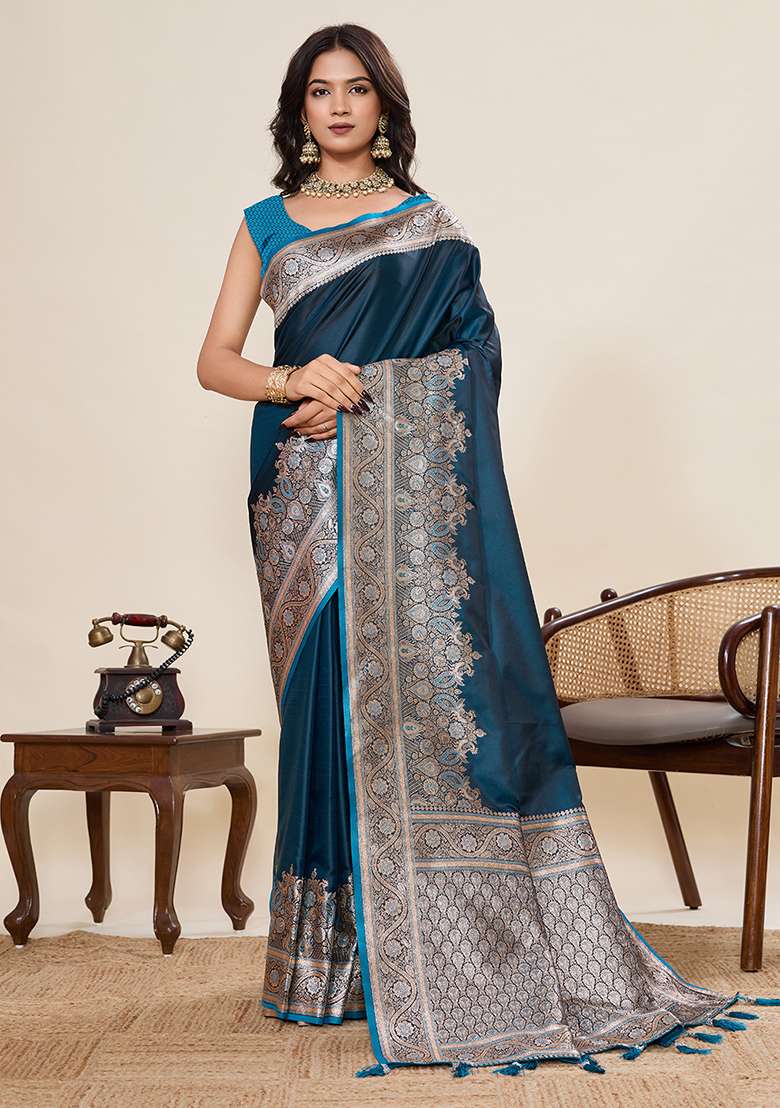 Teal Blue Silk Blend Saree Set with Zari Work for Diwali | Wedding & Festive Wear - Indya