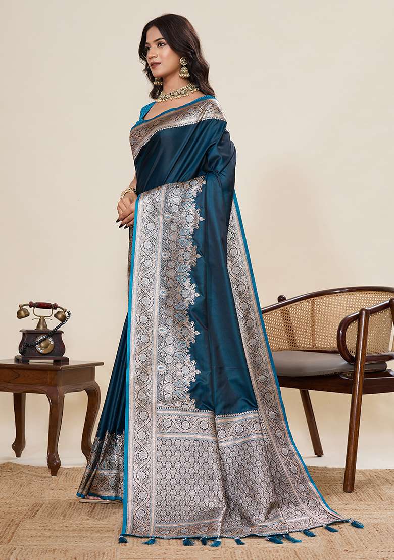 Teal Blue Silk Blend Saree Set with Zari Work for Diwali | Wedding & Festive Wear - Indya