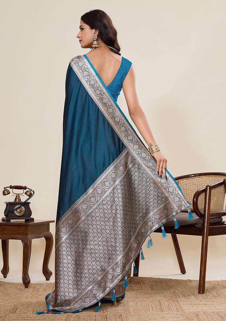 Teal Blue Silk Blend Saree Set with Zari Work for Diwali | Wedding & Festive Wear - Indya