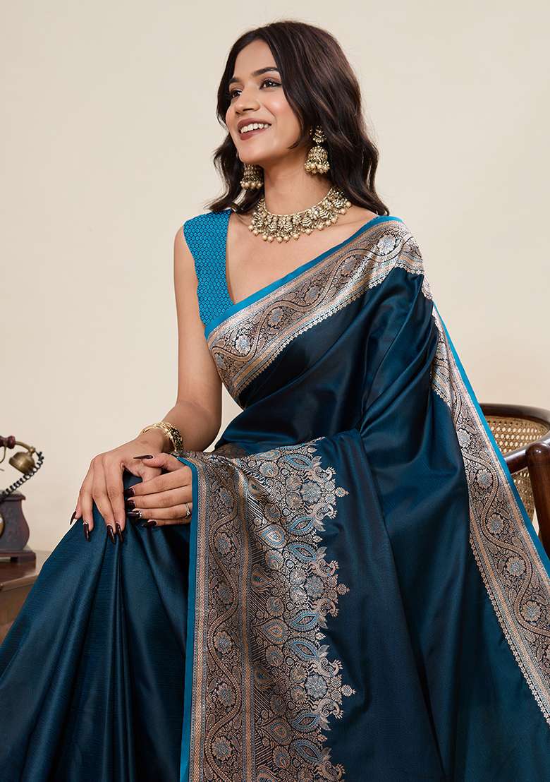 Teal Blue Silk Blend Saree Set with Zari Work for Diwali | Wedding & Festive Wear - Indya