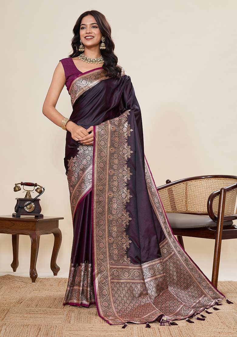Purple Zari Work Silk Blend Saree Set for Diwali and Festive Wear - Indya