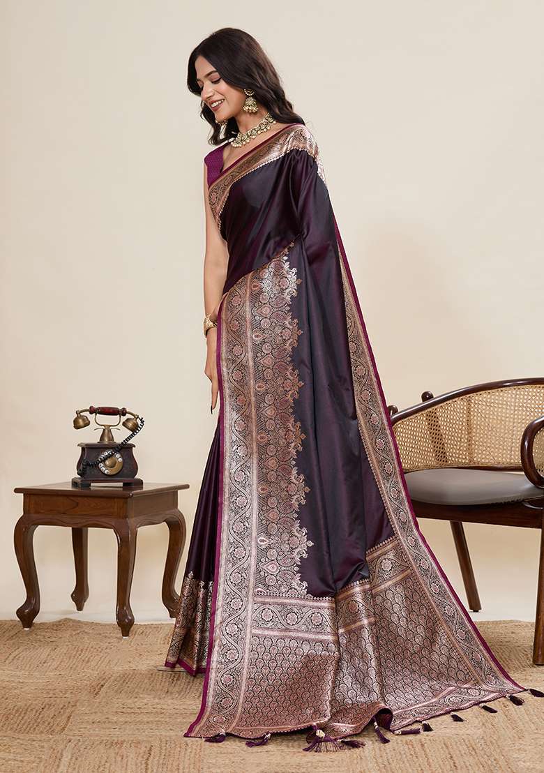 Purple Zari Work Silk Blend Saree Set for Diwali and Festive Wear - Indya